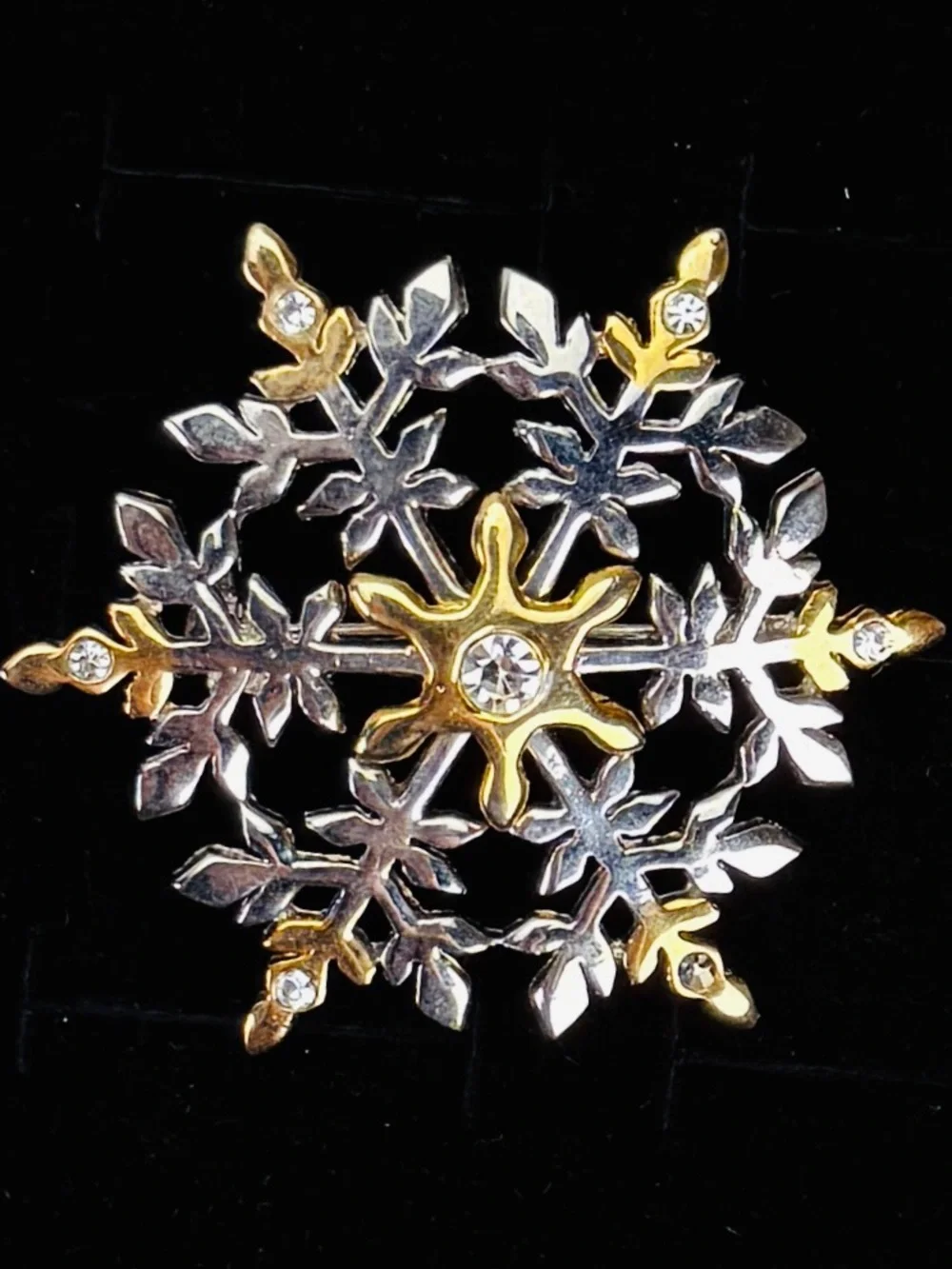 Vintage Two Tone Snowflake Brooch Silver Gold Clear Accents Holiday Winter Pin